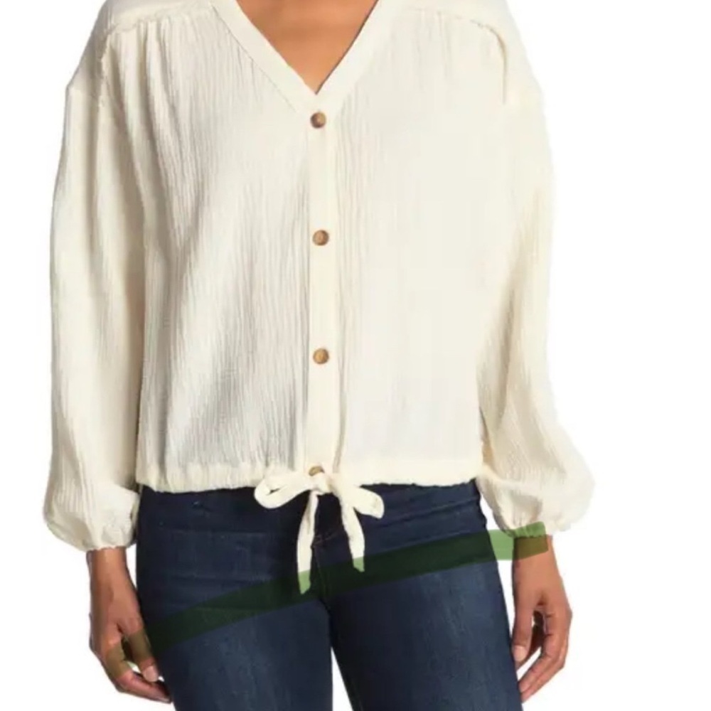 Como Vintage Nordstrom beige waffle button bouse shirt top size small 4 6
